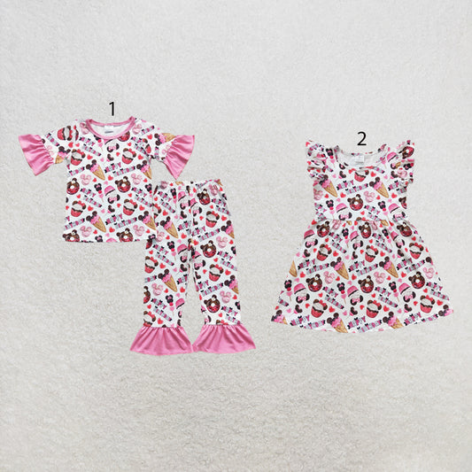 RTS NO MOQ Sibling milk silk Cute Clothes Baby Girls Birthday Cake Print Top Matching Pants Pajamas Clothes Set dresses