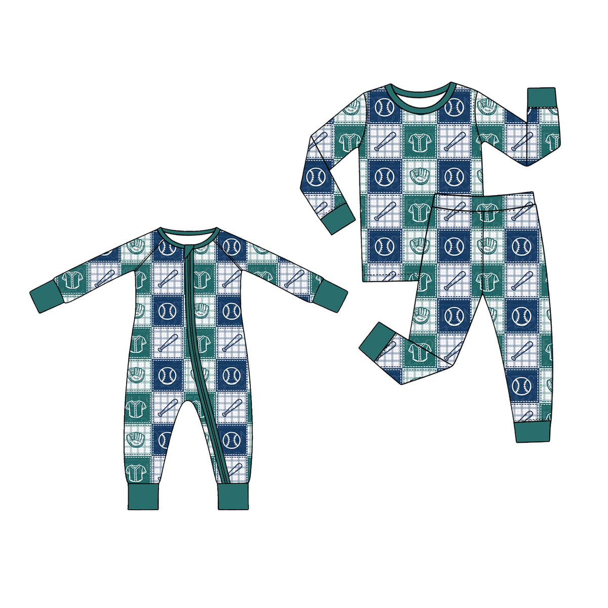 (Preorder new) No moq Baby Boys Green Navy Plaid Baseball Patchwork Zipper Romper And Long Sleeve Pajama Set