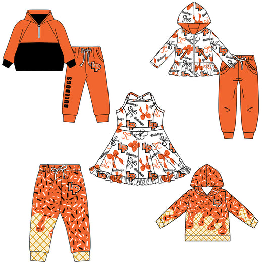 Custom moq 5 mix size milk silk summer teams baby girls clothes bow orange hooded long sleeve pants sets and boy sets and dress and hooded top and pant-25.8.15