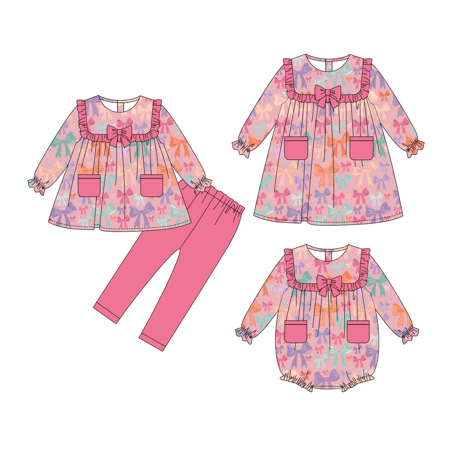 25.10.3 custom each style moq 8 eta 6-8week Sibling Sisters bow baby girl long sleeve pants sets and dress and rompers match family design