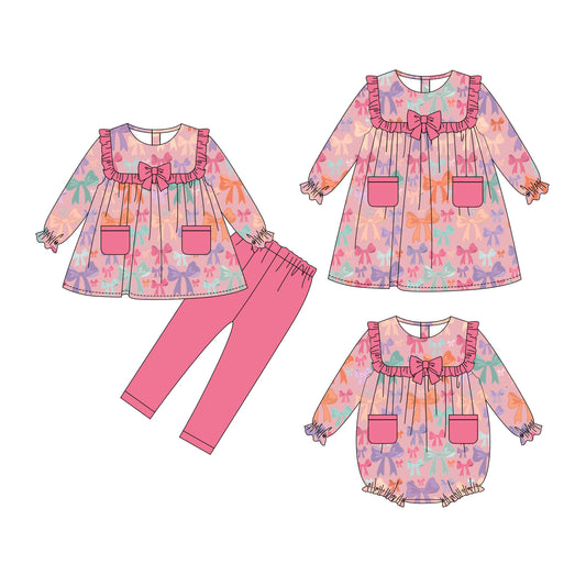 25.10.3 custom each style moq 8 eta 6-8week Sibling Sisters bow baby girl long sleeve pants sets and dress and rompers match family design