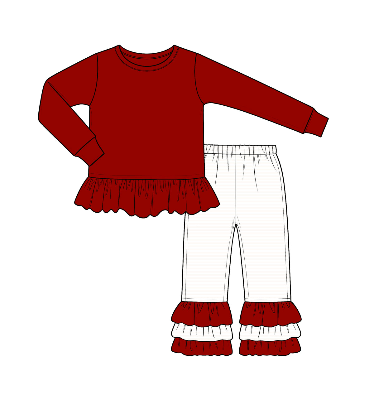 Custom moq 5 cotton fabric fall grils ruffle bow Red and white lace long-sleeve top and trousers set blank offer custom logodie sets