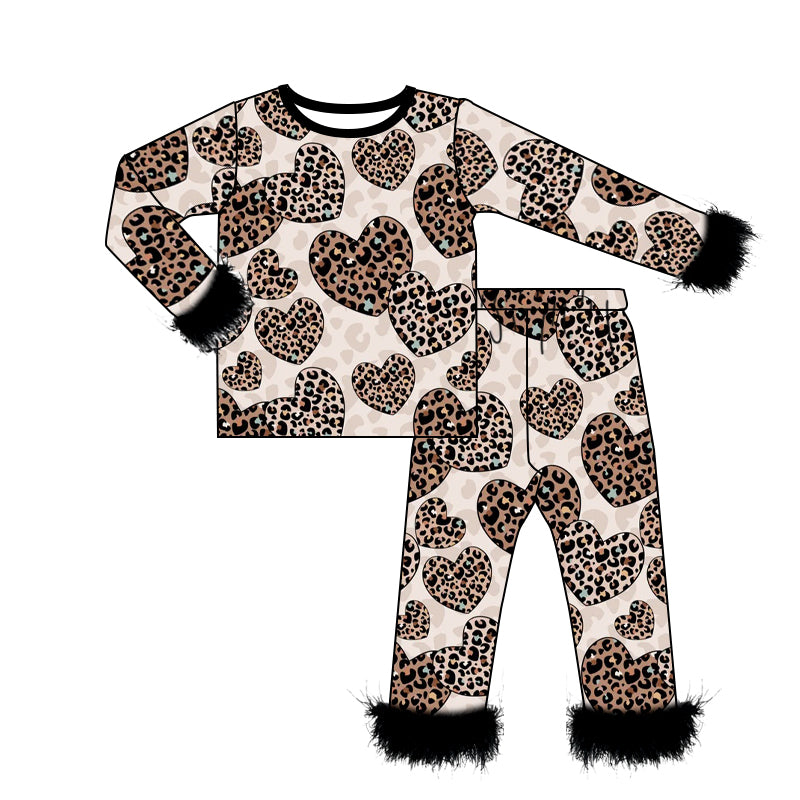 10.21 custom each style moq 5eta 4-6week baby girls clothes leopard love Plush Edge Long Sleeve Pants Set