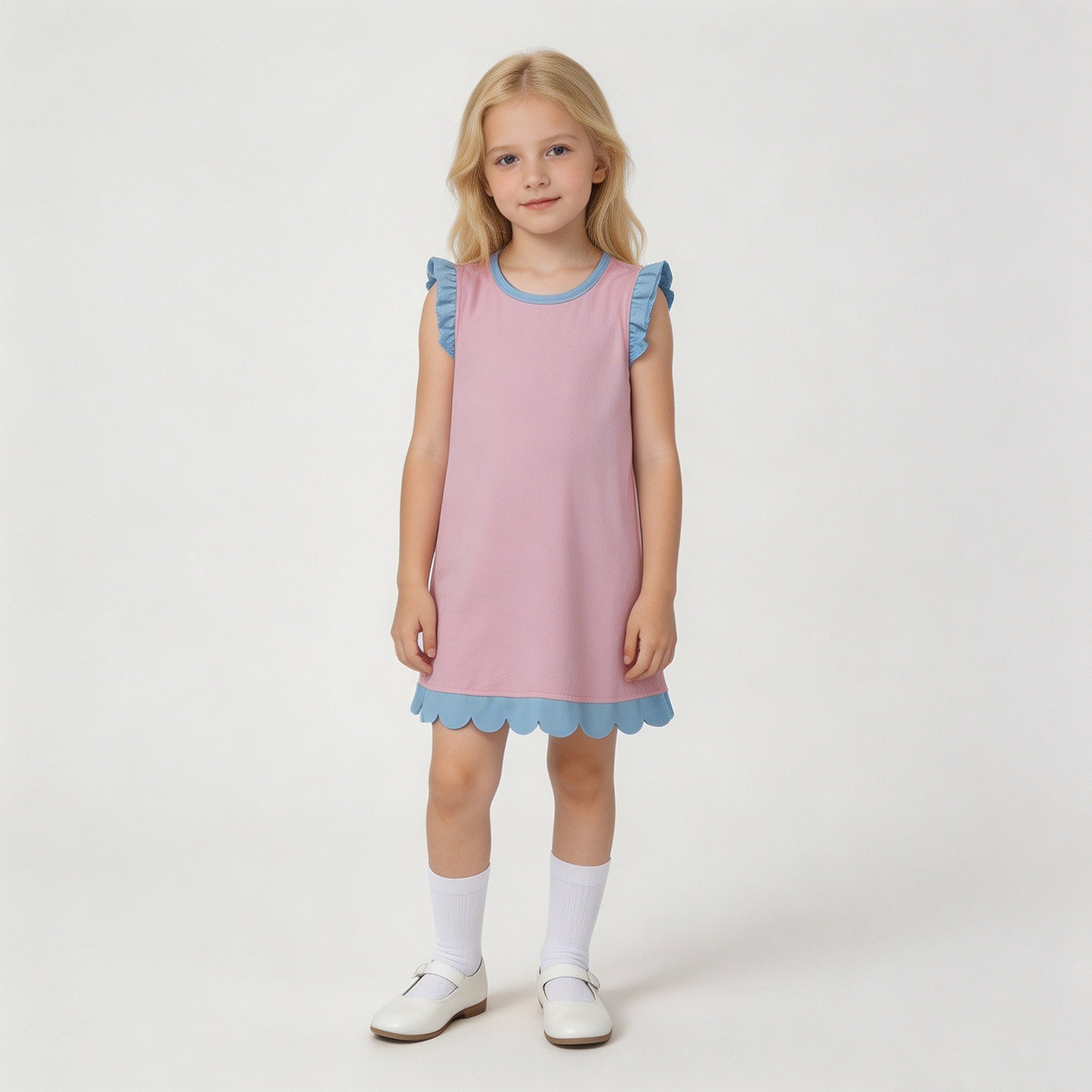 RTS NO MOQ cotton GSD4044 Baby Girls Pink And Blue Scallop Sleeveless Knee Length Dress
