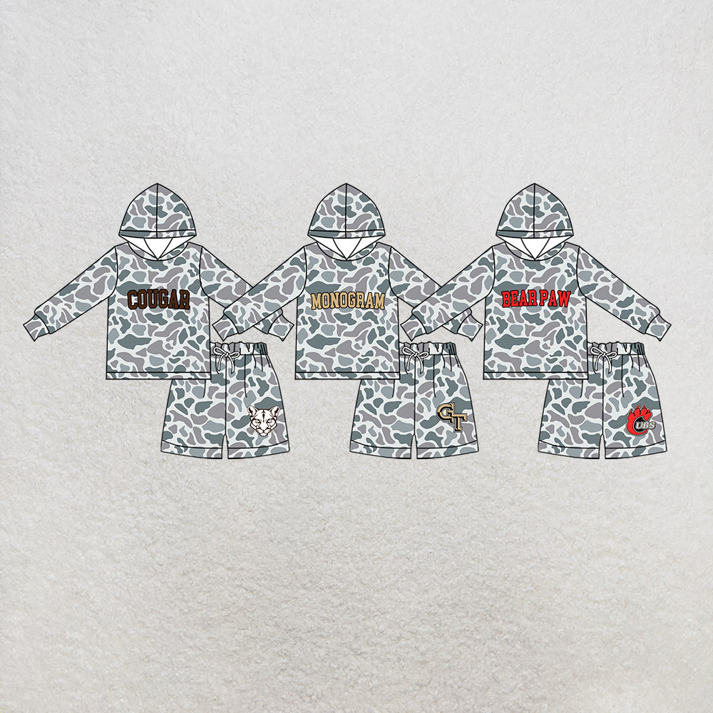 custom moq 5 mix size MSD072705 Baby Kids Grey Camo Long Sleeve Hoodie Top Shorts Team Set
