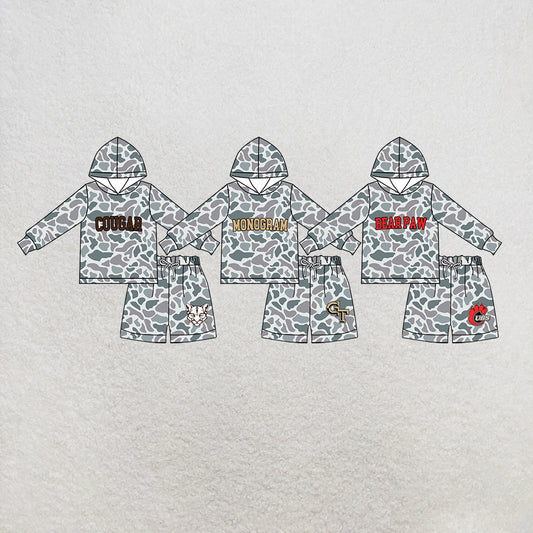 custom moq 5 mix size MSD072705 Baby Kids Grey Camo Long Sleeve Hoodie Top Shorts Team Set