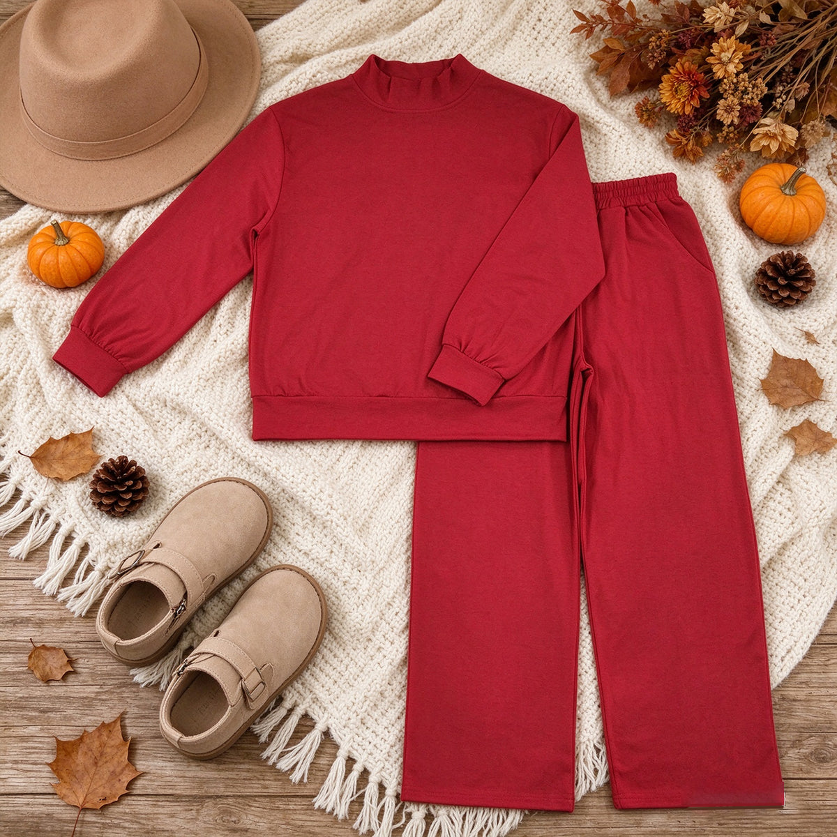 (SNEW RTS NO MOQ cotton GLP3413 Baby Girls Maroon Pocket Long Sleeve Top Flare Pants Sleepwear Casual Set