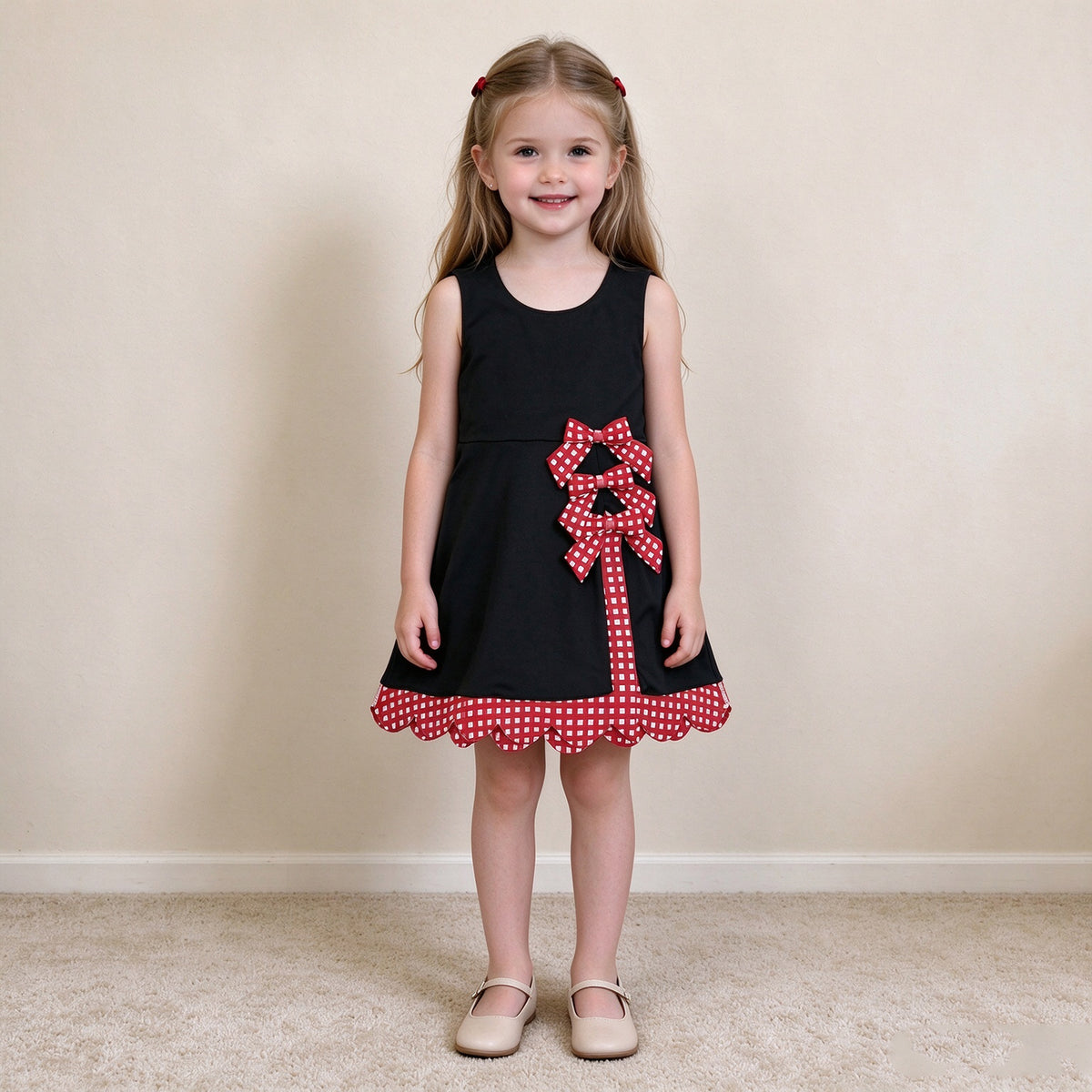 NEW RTS NO MOQ yoga fabric GSD4263 Yoga Baby Girls Black Red Scallop Trim Short Sleeve Knee Length Dress