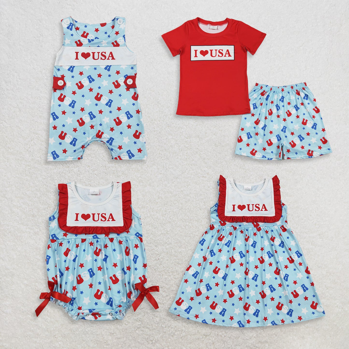 RTS NO MOQ Sibling milk silk Boys I Love USA Shirt Top Stars Short 4th of July Set Rompers Girls Dress Rompers