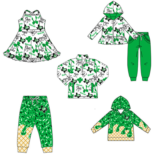 Custom moq 5 mix size milk silk summer teams baby girls clothes bow green hooded long sleeve pants sets and dress and top and hooded top and pant-25.8.12