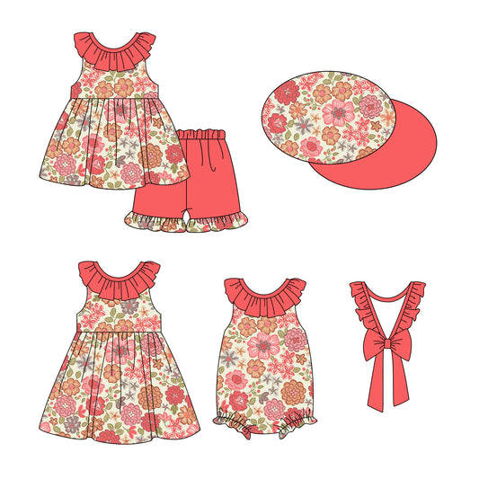 12.26 custom each style moq 5eta 4-6week Sibling Sister floral aby girl short sleeve shorts sets and dress and rompers match family design