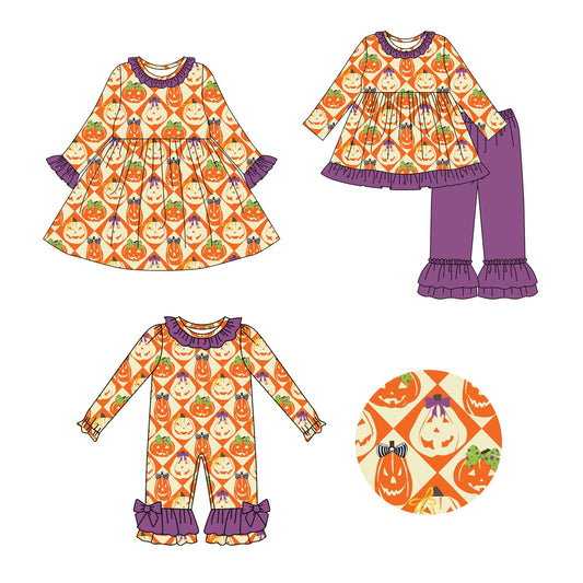 25.8.1 custom each style moq 5eta 4-6week Sibling Sisters pumpkin baby girl long sleeve pants sets and dress and rompers match family design
