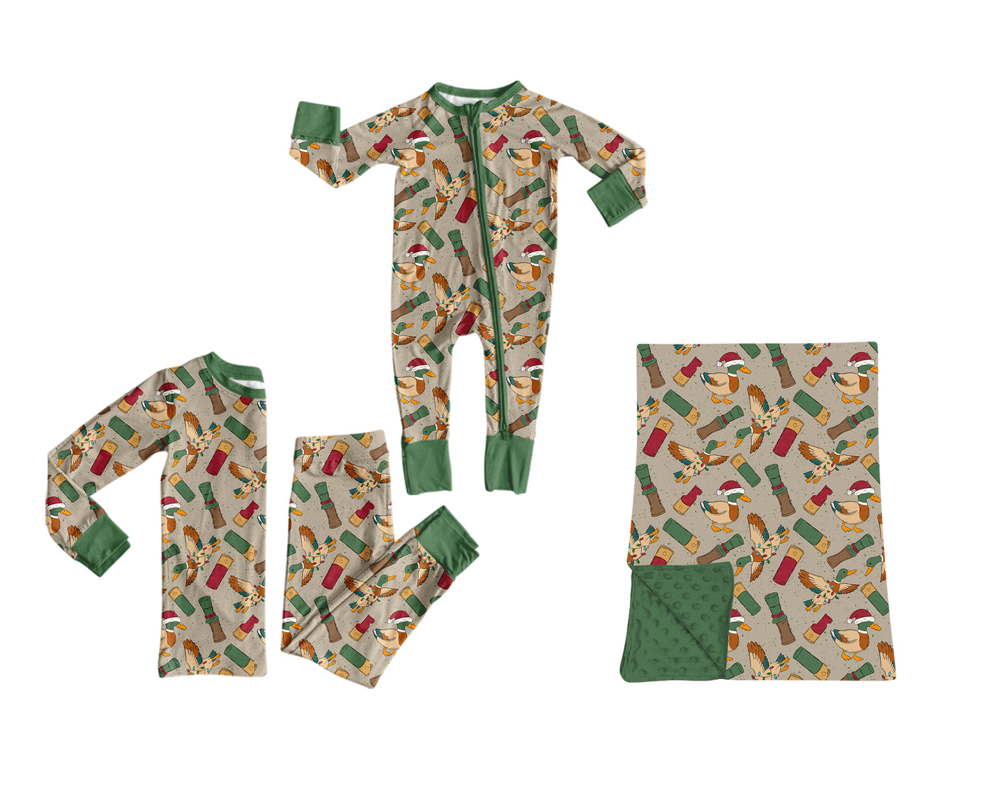 (Preorder new) No moq Boys Duck Print Green Cuff Long Sleeve Two Piece Christmas Hunting Pajama Set Romper Blankets