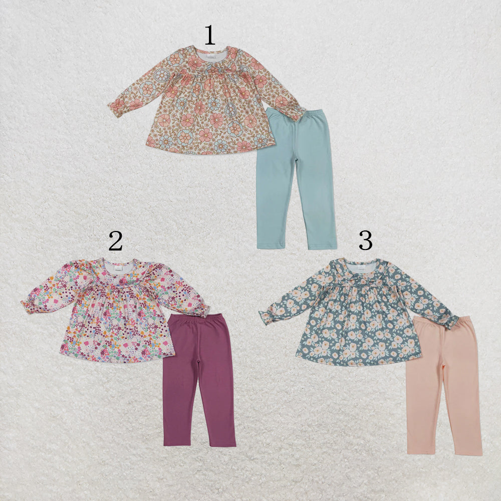 RTS NO MOQ Sibling Baby Girls Colorful Flowers Collar Tunic Leggings  Clothes Sets