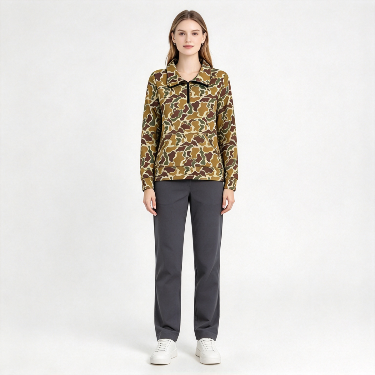 RTS NO MOQ Sibling milk silk Adult Women Camouflage Quarter Zip Collared Long Sleeve Pullover Top