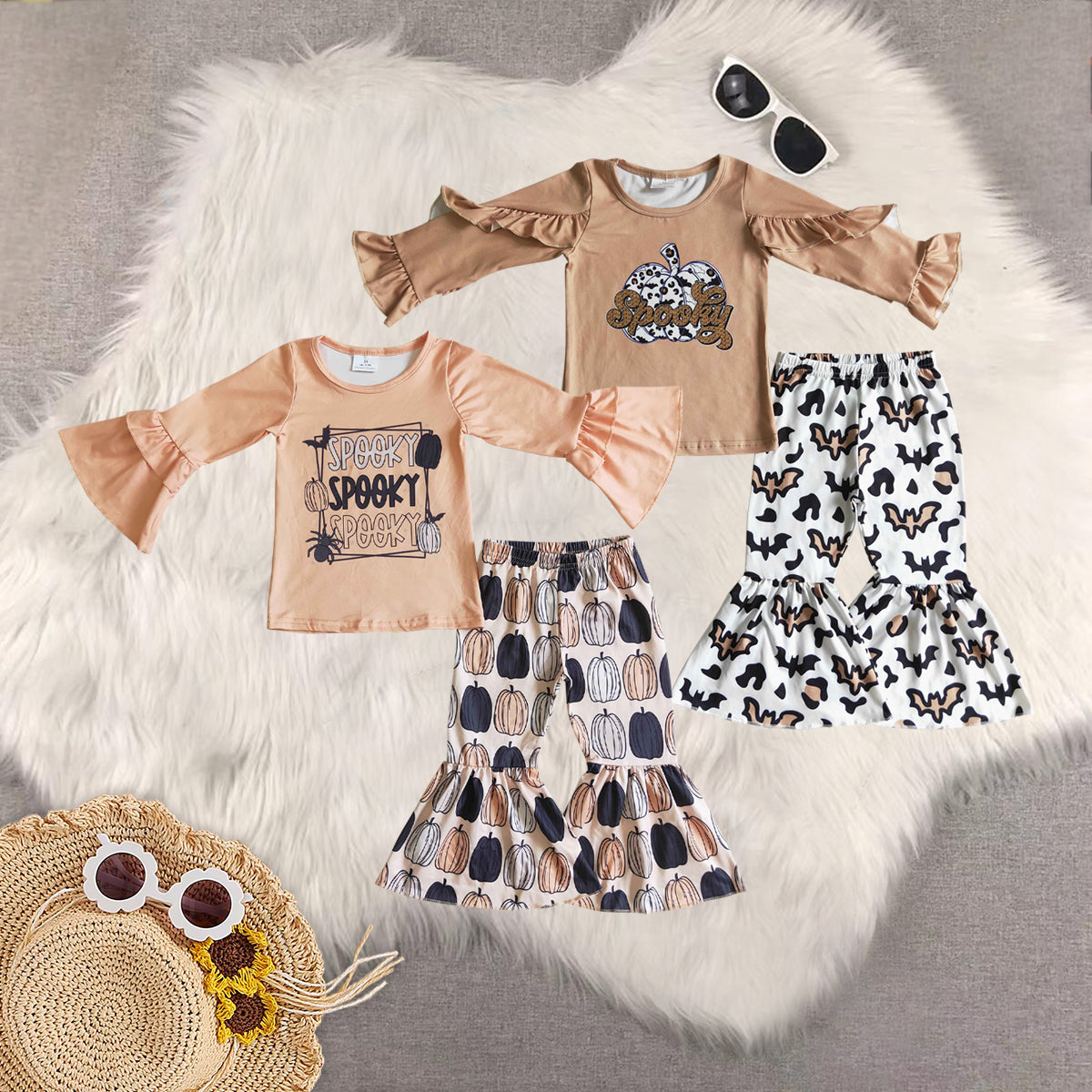 RTS NO MOQ Sibling Baby Girls clothes halloween pumpkin Long Sleeve Pants Set