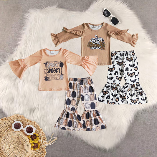 RTS NO MOQ Sibling Baby Girls clothes halloween pumpkin Long Sleeve Pants Set