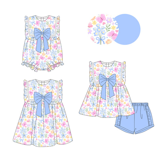 3.29 custom each style moq 5eta 4-6week Sibling Sisters floral bow baby girl short sleeve shorts sets and dress and rompers match family design