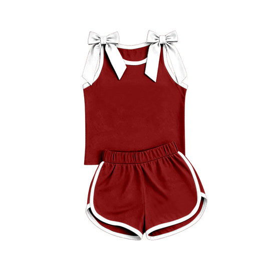 custom moq 5 mix size Baby Girls White Bow Sleeveless Red Top Shorts Team Athletic Set