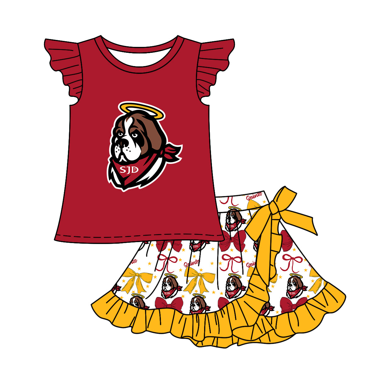 Custom moq 5 mix size milk silk baby girls clothes team red sleeveless skirts sets 1 and skirts sets 2 and dress -25.7.18
