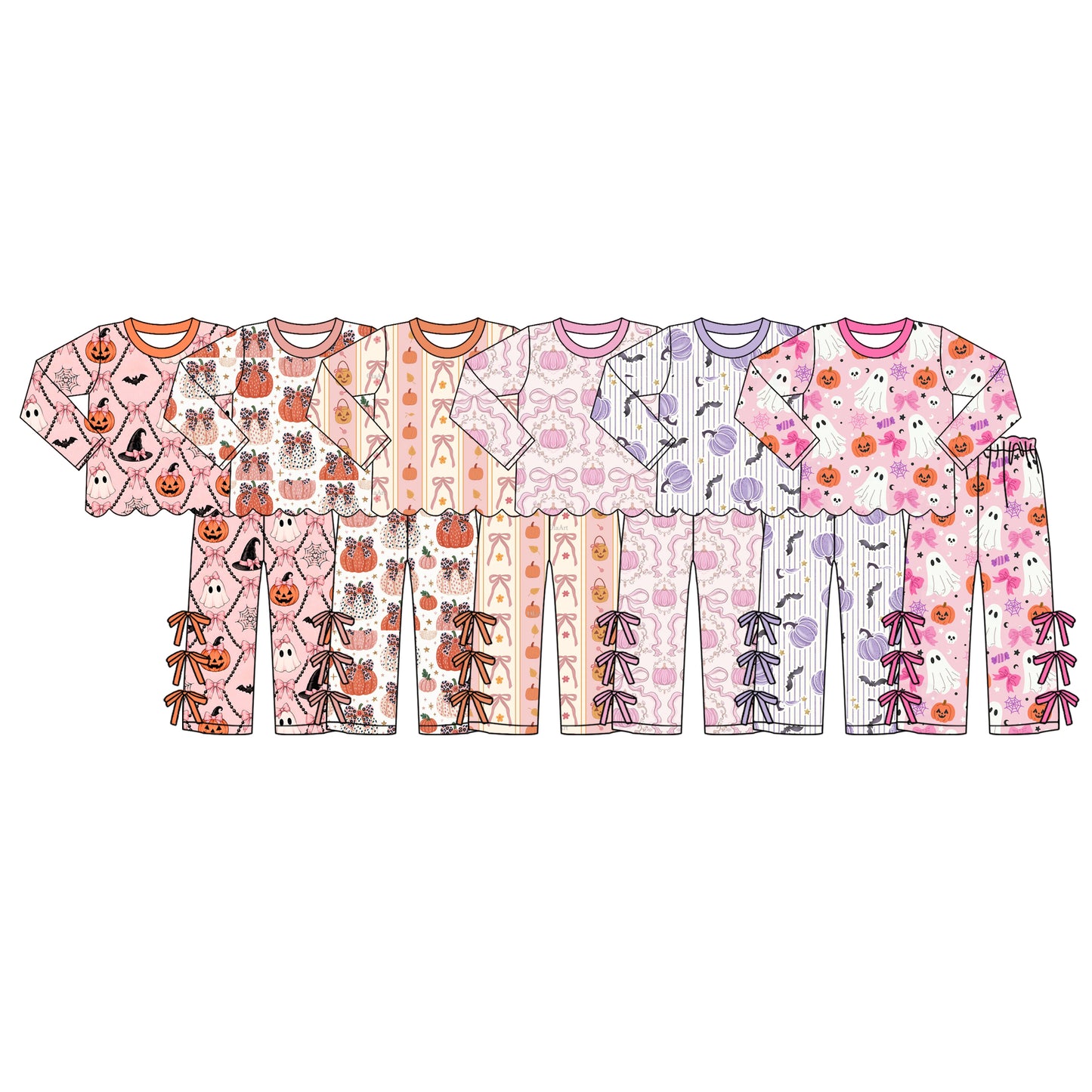 (Preorder new) No moq Baby Girls Cute Spooky Ghosts Pumpkins Scallop Trim Top Bow Pants Daily Clothes Sets