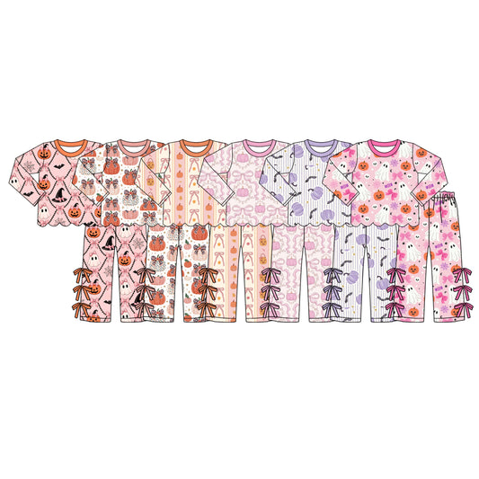 (Preorder new) No moq Baby Girls Cute Spooky Ghosts Pumpkins Scallop Trim Top Bow Pants Daily Clothes Sets