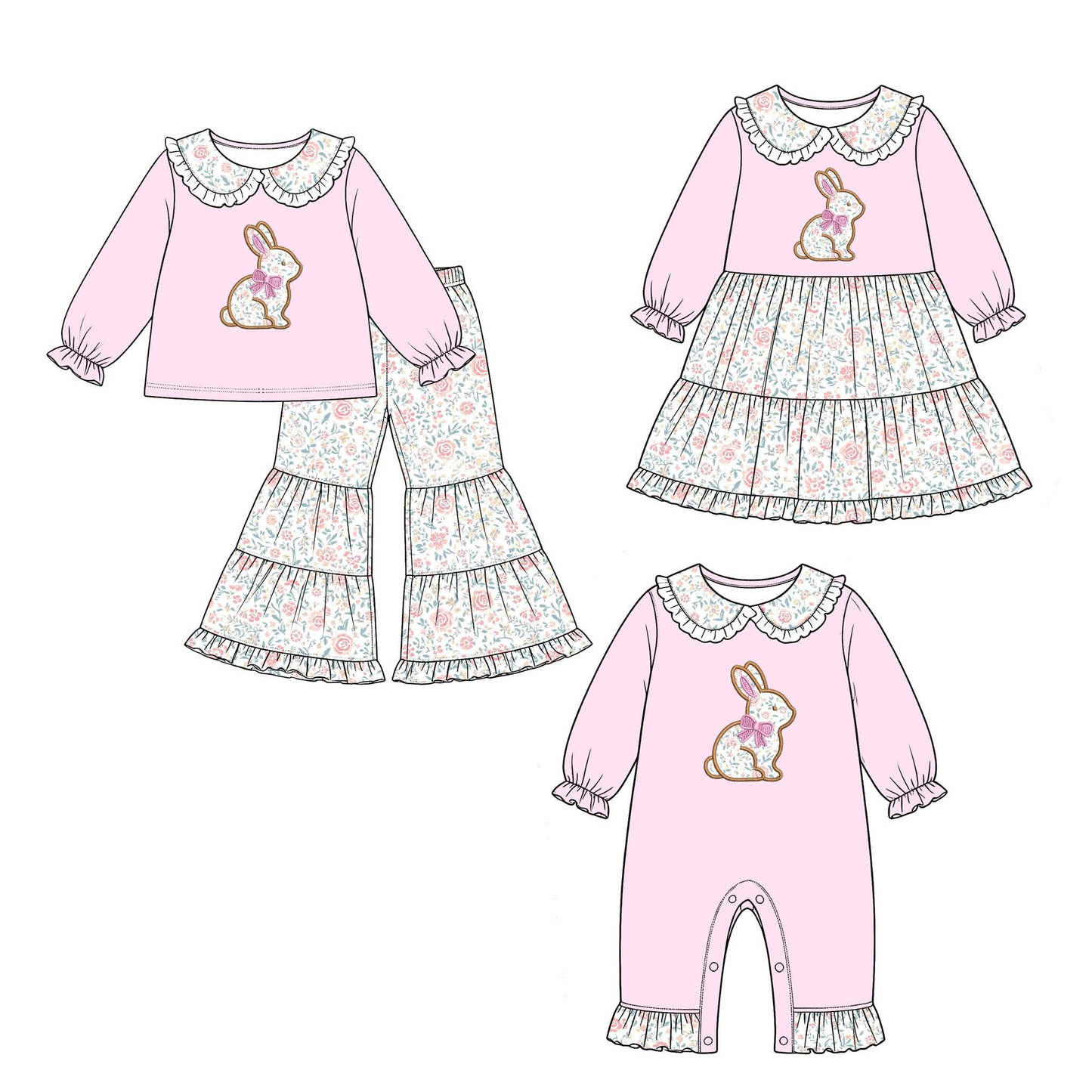 (Preorder new) No moq Baby Girls milk silk rabbit pattern Ruffled Collar long sleeve sets dress romper