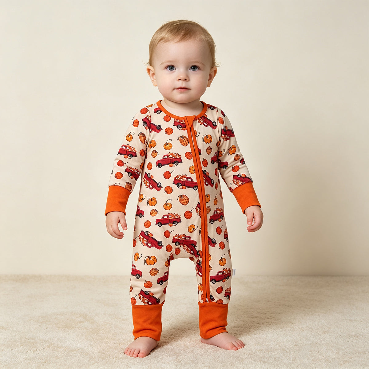 NEW RTS NO MOQ milk silk LR3234 Baby Boys Long Sleeve Pumpkins Trucks Fall Two Way Zip Convertible Romper