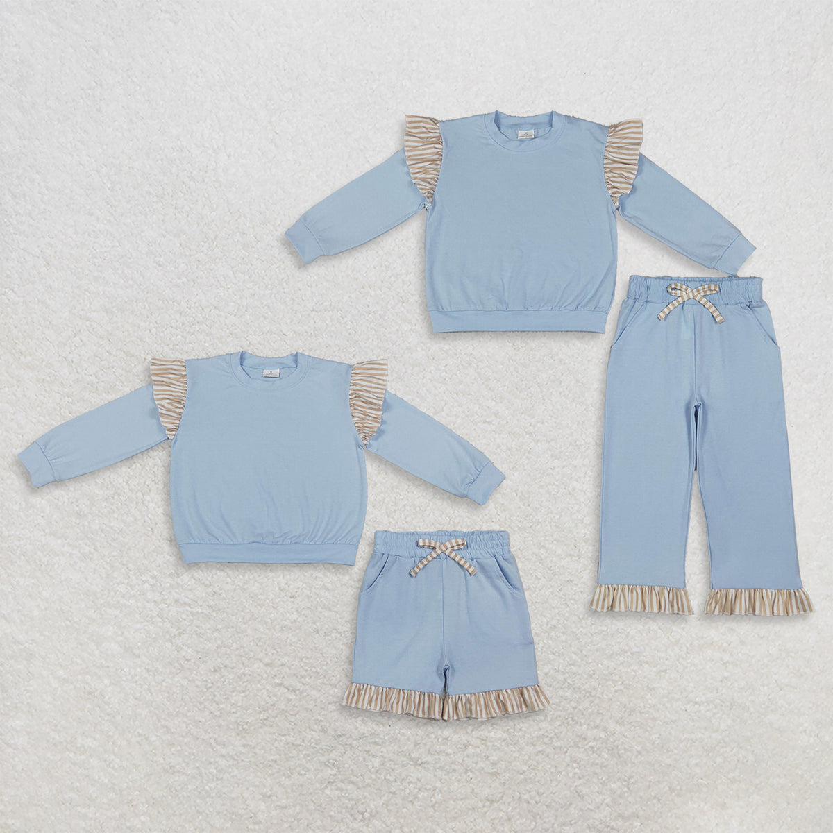 RTS NO MOQ Sibling cotton Baby Girls Green Light Blue Long Sleeve Top With Striped Ruffle And Matching Shorts Or Pants Set
