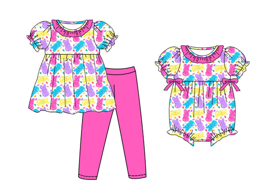 25.11.5 custom each style moq 5 eta 6-8week Sibling Sisters bunny baby girl clothes short sleeve pants sets and romper match family design