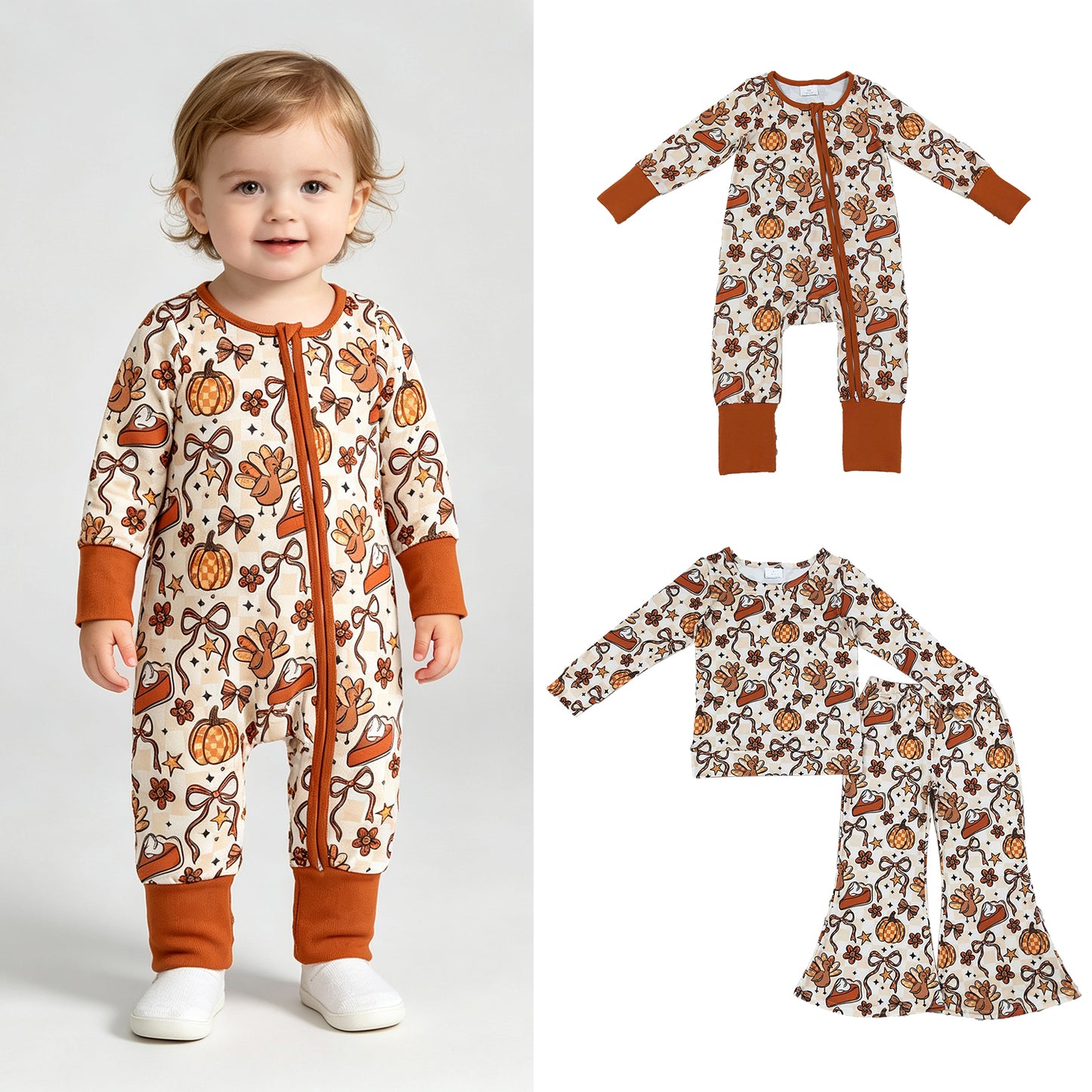 RTS NO MOQ Sibling milk silk Baby Girls Turkey Pumpkin Print Long Sleeve Top With Flare Pant Thanksgiving Fall Set Two Way Zip Convertible Rompers
