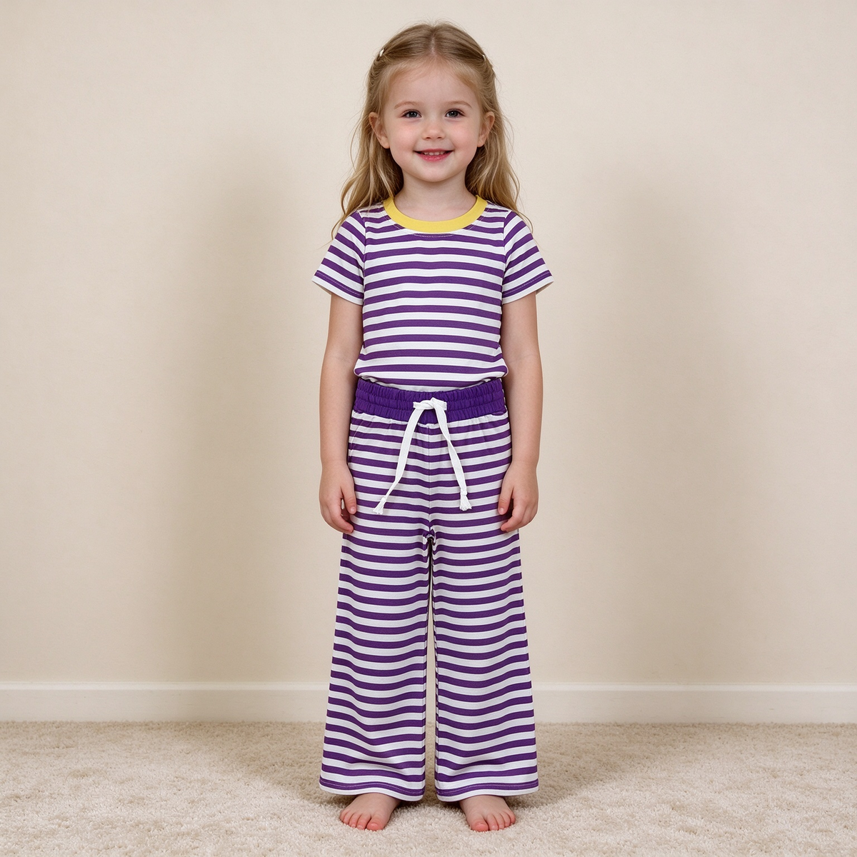 NEW RTS NO MOQ milk silk GSPO2386 Baby Girls Short Sleeve Purple Stripe Top Straight Pant Pajamas Set