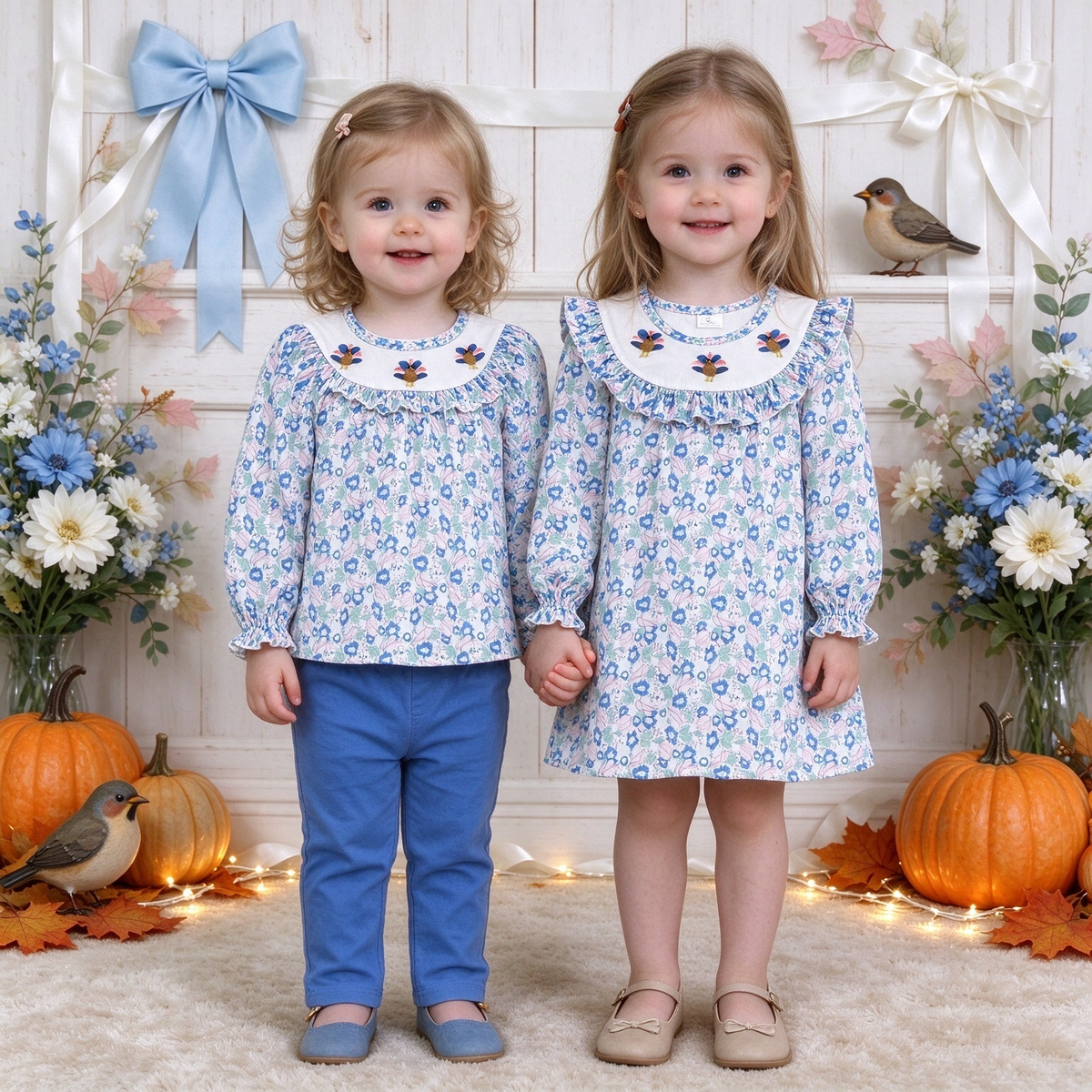 Baby Girls Thanksgiving Floral Turkey Embroidered Top & Pants Set and Ruffle Dress Collection