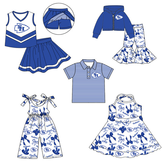 Custom moq 5 mix size milk silk summer teams baby girls clothes bow blue hooded long sleeve pants sets and skirts sets and dress and jumpsuit and top-25.7.31