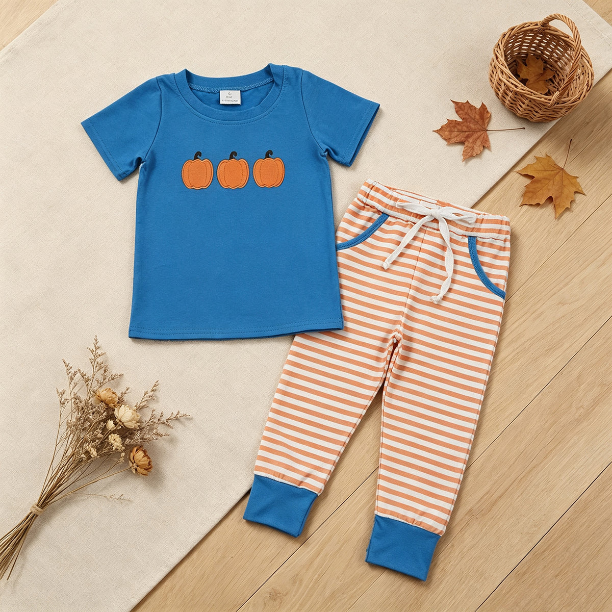 NEW RTS NO MOQ milk silk BSPO0693 Embroidery Baby Boys Fall Pumpkin Print  Pocket Long Sleeve Top Jogger Pants Outfit Daily Wear