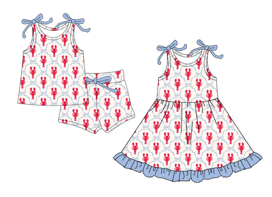 25.12.5 custom each style moq 5 eta 6-8week Sibling Sister lobster bow baby short sleeve shorts sets and dress match design