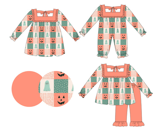 25.5.15 custom each style moq 5eta 4-6week Sibling Sisters pumpkin baby girl long sleeve pants sets and dress and rompers match family design