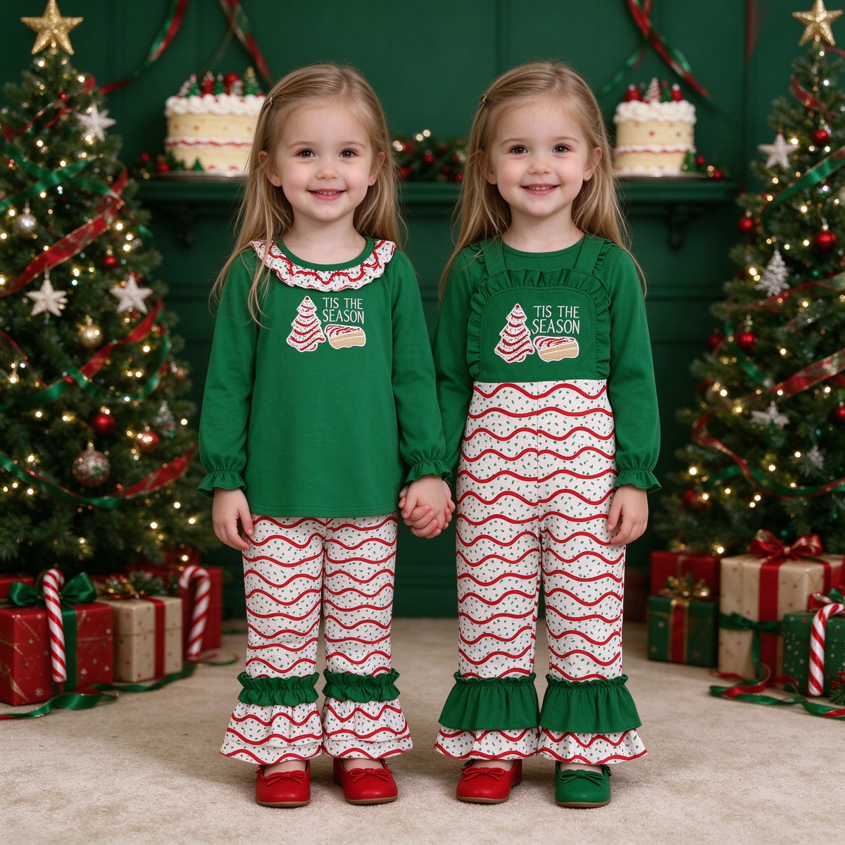 Baby Kids 'TIS THE SEASON Collection - Green Ruffle Top Pants Set & Overall Jumpsuit