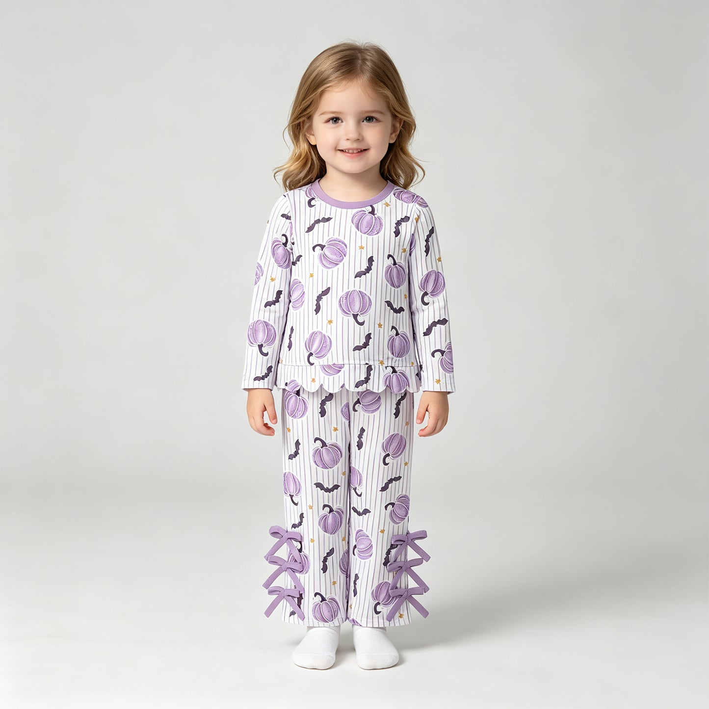NEW RTS NO MOQ milk silk GLP3438 Baby Girls Bats Pumpkins Stripe Scallop Top Bows Pants Halloween Clothes Set