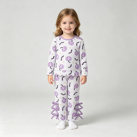 NEW RTS NO MOQ milk silk GLP3438 Baby Girls Bats Pumpkins Stripe Scallop Top Bows Pants Halloween Clothes Set