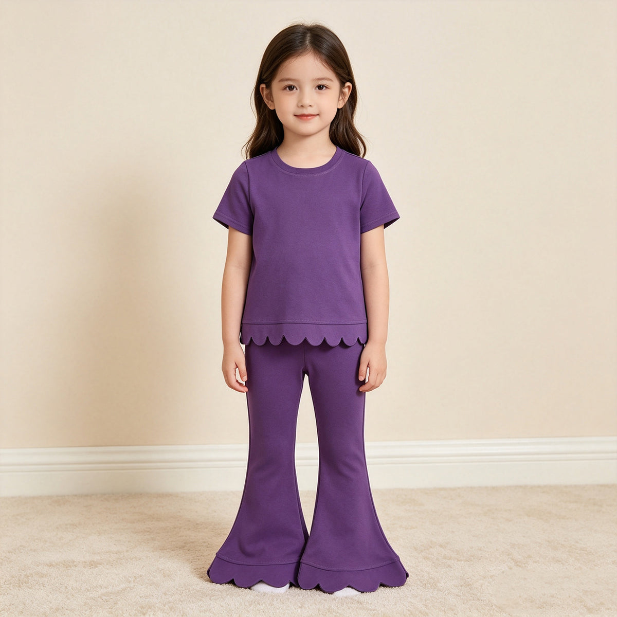 NEW RTS NO MOQ cotton GSPO2346（GT1776+P1084）Baby Girls Purple Short Sleeve Shirts Top Flare Pant Scallop Sets