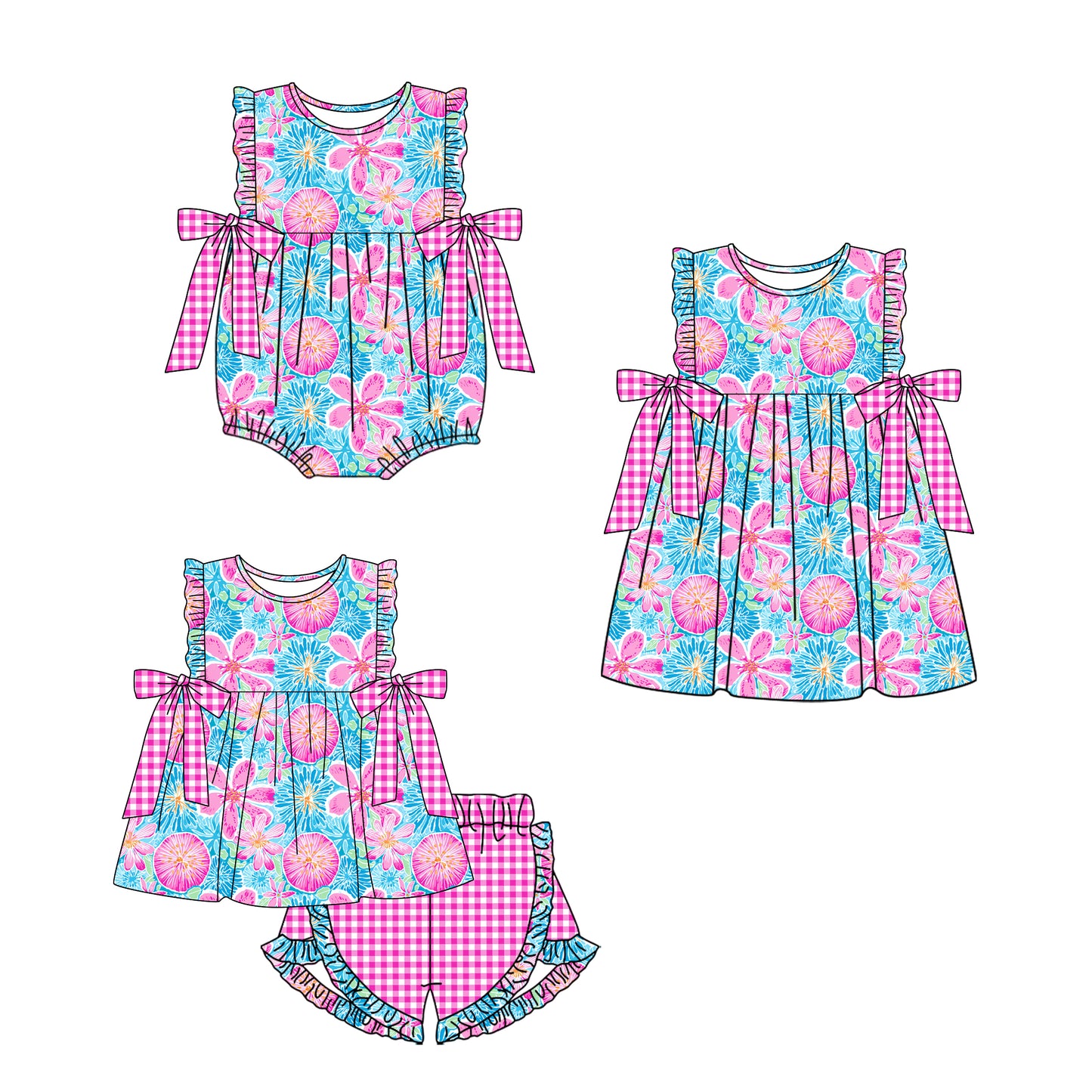 11.15 custom each style moq 5eta 4-6week Sibling Sister floral baby girl short sleeve shorts sets and dress and rompers match family design