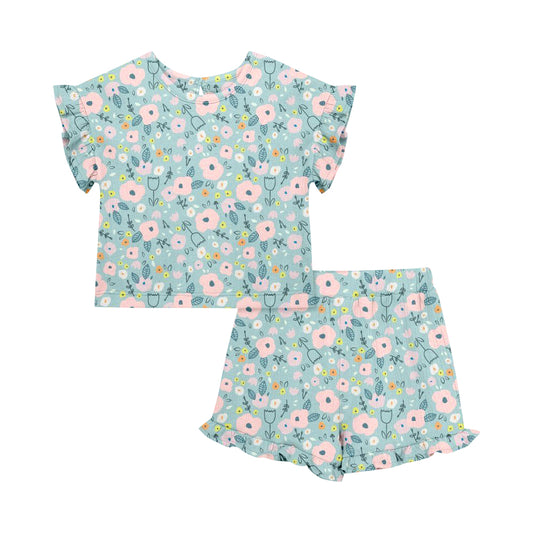Custom moq 5 mix size Baby Girl's Floral Print Short-Sleeved Top And Shorts Set Cute Outfit