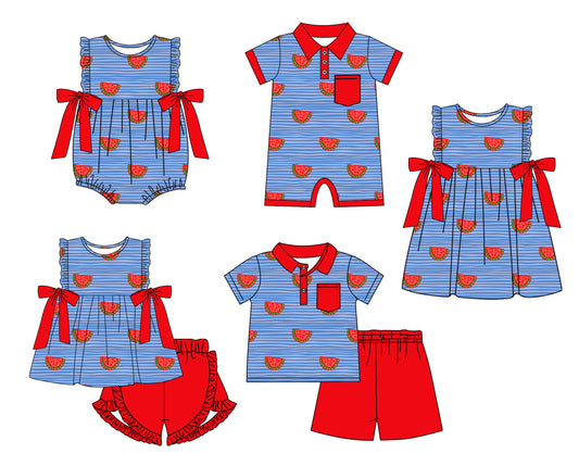 11.21 custom each style moq 5eta 4-6week Sibling Sister watermelon baby girl short sleeve shorts sets and sets 2 and girls romper and boy romper and dress match design