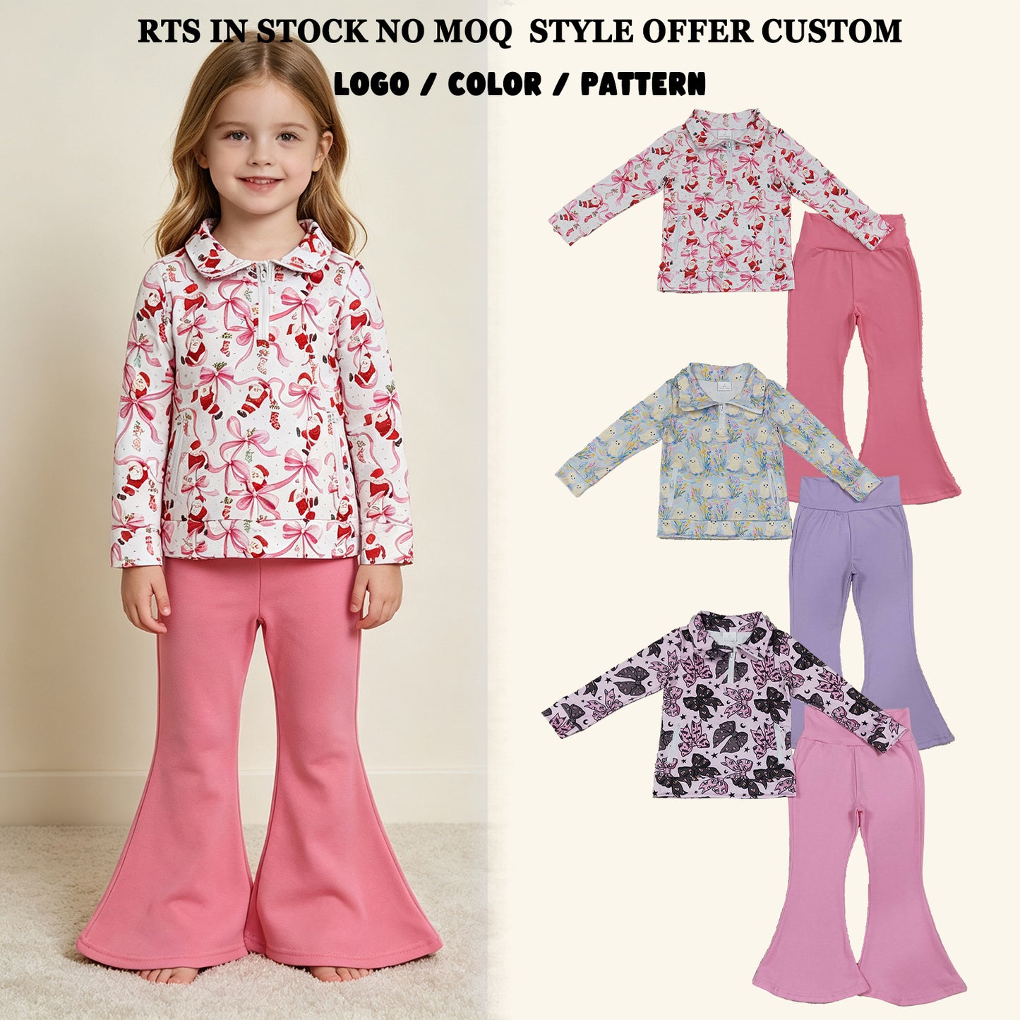 RTS NO MOQ Sibling milk silk Baby Girls Halloween Ghost Print Zip Pocket Pullover Flare Pants Fall Outfit Set