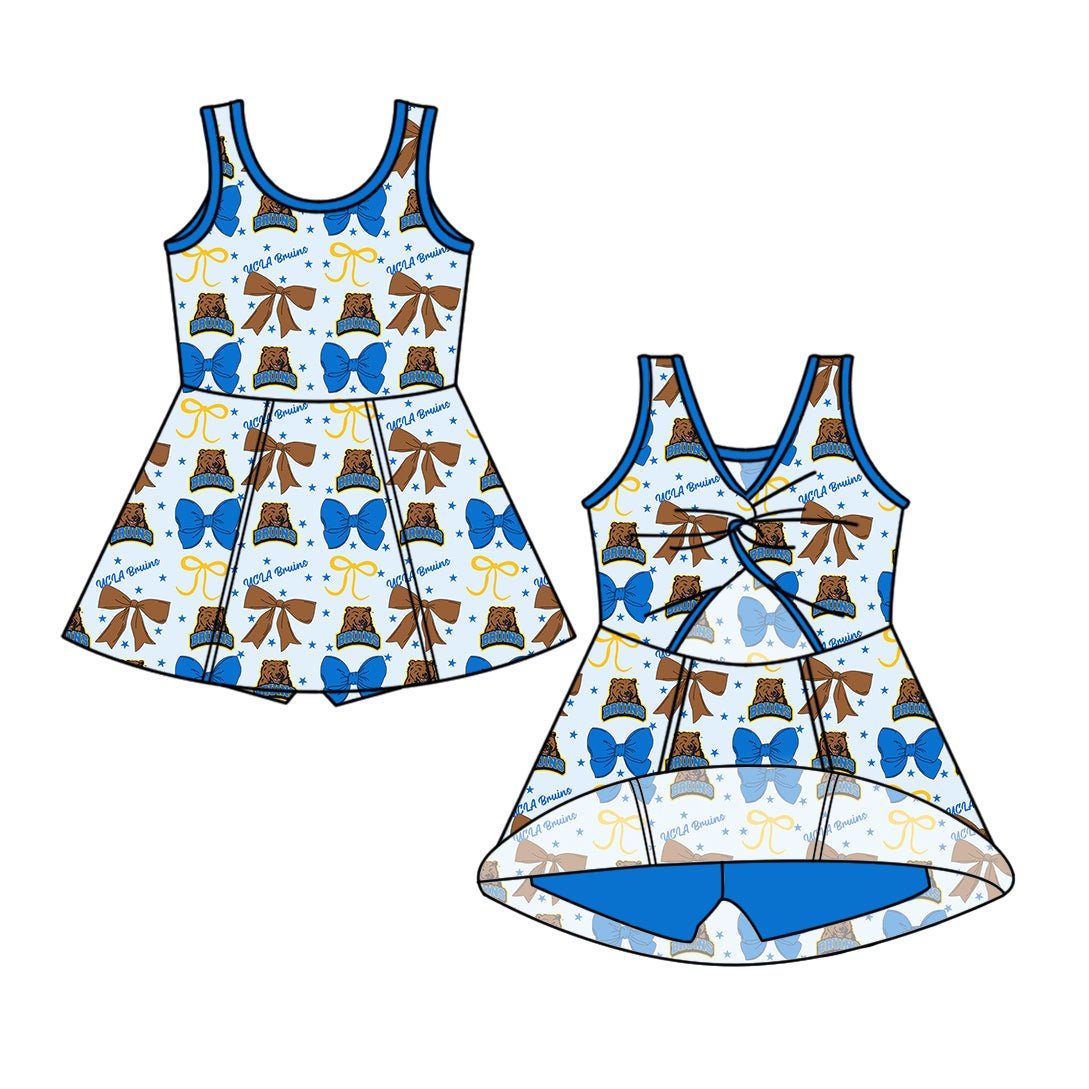 Custom moq 5 mix size milk silk summer teams baby girls clothes team bow blue sleeveless skirts sets and dress 1 and dress 2 and dress 3-25.6.25