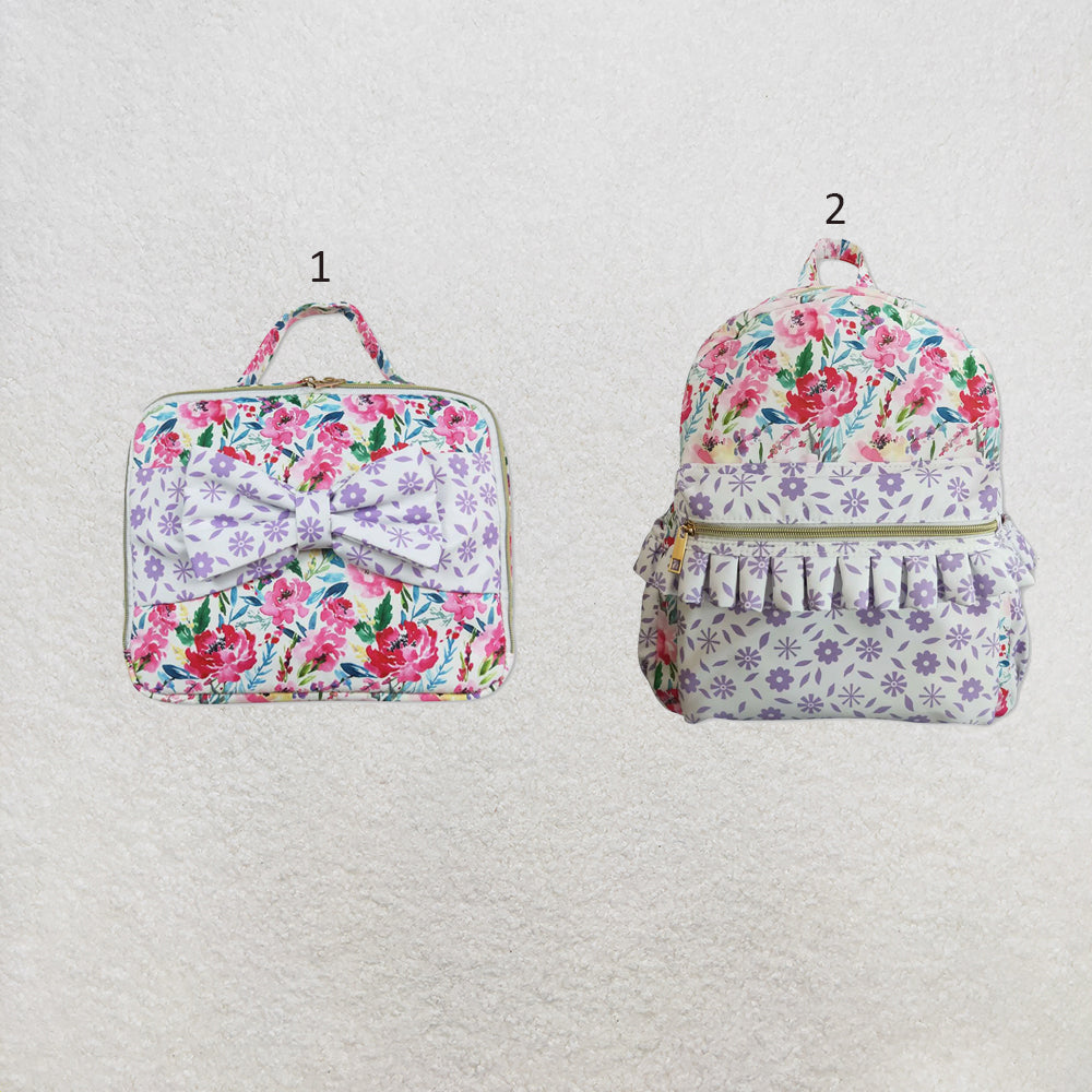 RTS NO MOQ Sibling milk silk Baby Kids Cute Floral Lavender Print Backpacks And Lunch Boxes