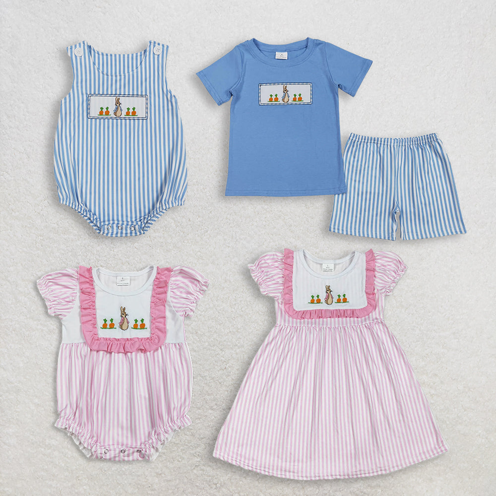 RTS NO MOQ Sibling Baby Boys Easter Clothing Set with Rabbit Embroidery Striped Shirt shorts sets Knee-Length dress Rompers