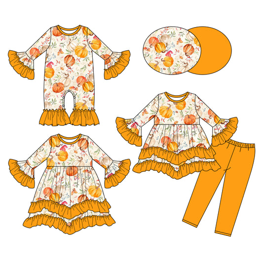 25.6.10 custom each style moq 5eta 4-6week Sibling Sisters pumpkin floral baby girl long sleeve pants sets and dress and rompers match family design