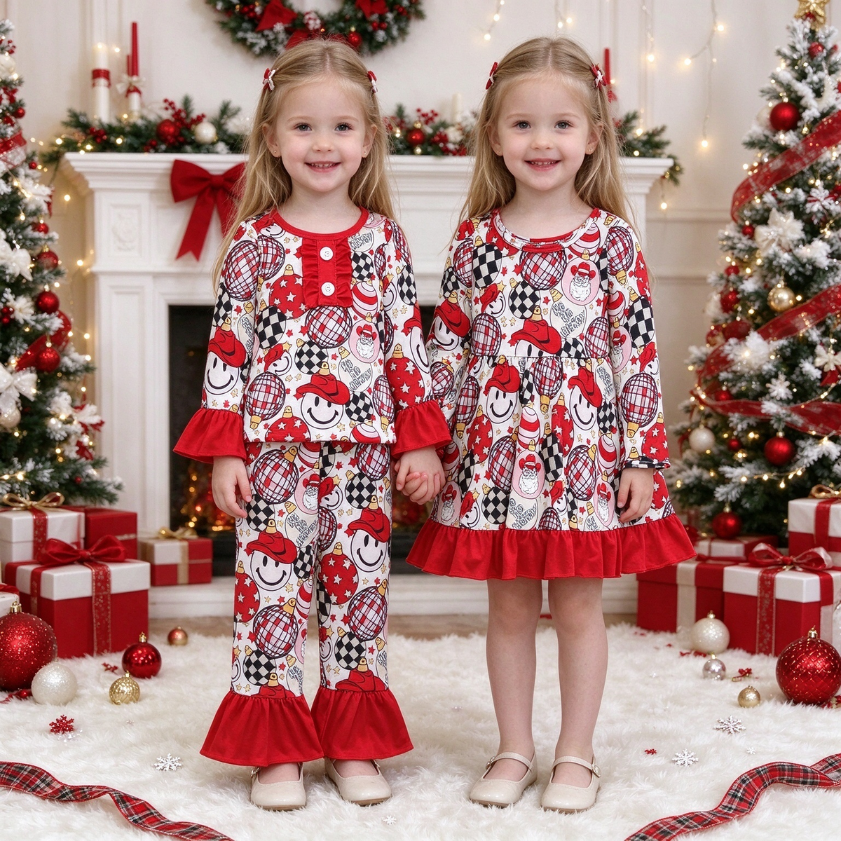 Girls Festive Smile Santa Checkered Print Collection - Ruffle Bell Set & Ruffle Hem Dress